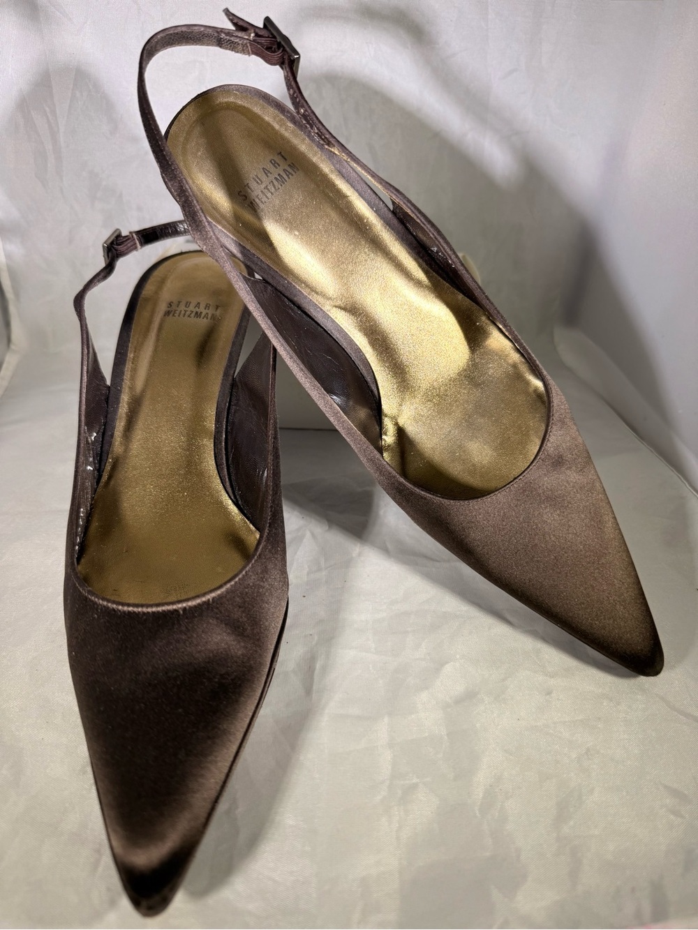Stuart Weitzman Brown Satin Pointed Slingback Heels